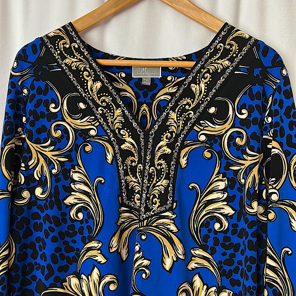 JM Collection Navy Blue/Gold Floral Studded 3/4 Sleeve Shirt Top **Size XLP** - Picture 3 of 4